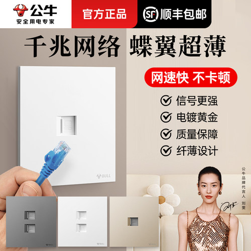 公牛蝶翼超薄插座二位双电脑网线面板两位网络接口千兆6六类G57