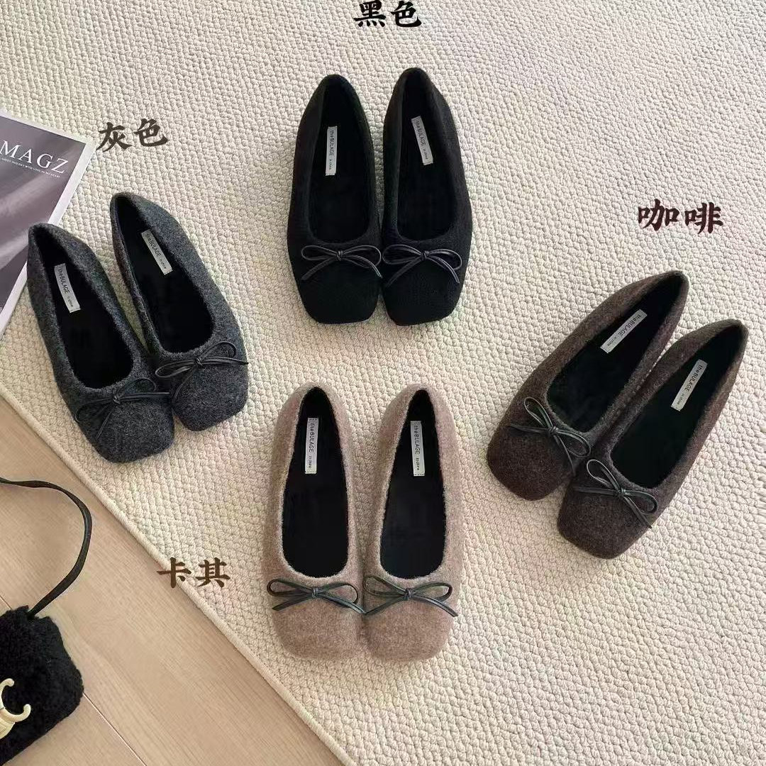 灰色呢子单鞋女冬季棉鞋豆豆鞋