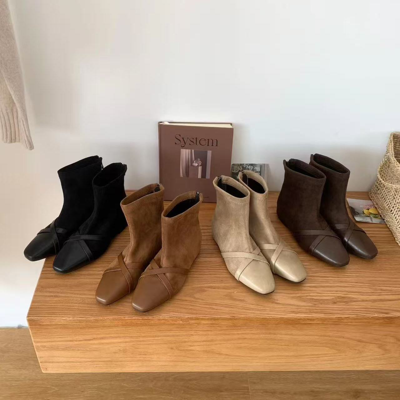 韩版拼接方头瘦瘦靴女马丁靴