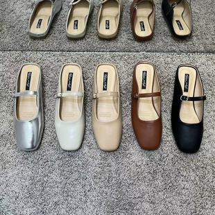 新款 女鞋 韩版 女平底一字带玛丽珍大码 方头包头半拖鞋 2023年春夏季