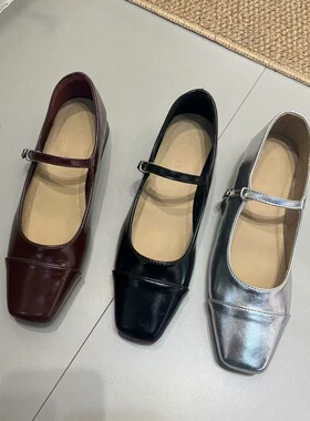 羊皮版！方头红色玛丽珍鞋女配裙子一字带粗跟小皮鞋法式晚风单鞋