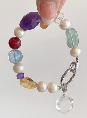 天然蓝托帕宝石珍珠水晶手链白水晶紫水晶黄水晶单圈手链多宝手串
