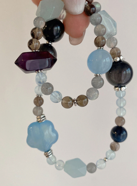 天然8A冰种海蓝宝双圈手串魔鬼蓝海蓝宝星星茶晶银曜石灰月光手链