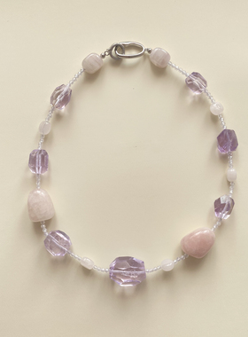 天然玻利维亚不规则紫水晶粉水晶粉紫晶项链锆晶尖晶锁骨链毛衣链
