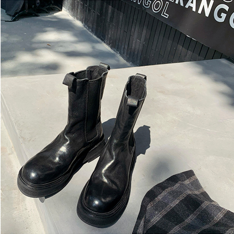 葡萄妈同款缩纹真皮厚底烟筒靴