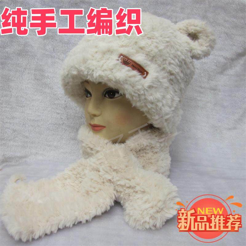 纯手工编织小熊帽子围巾