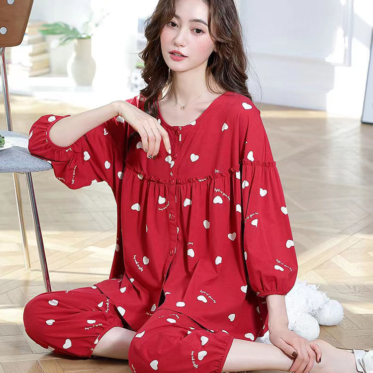 新款大红色睡衣女春秋宽松大码新年本命年纯棉开衫家居服结婚套装
