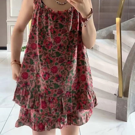 女棉麻网红款宽肩带吊带短裤睡衣夏薄韩版碎花凉爽舒适家居服宽松