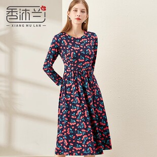 香沐兰品牌2024年新款连衣裙春秋季碎花大码复古针织过膝中长裙