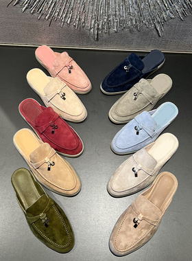 2025夏XRV lp包头半拖鞋女真皮流苏扣外穿凉拖一脚蹬平底穆勒鞋