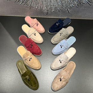 2025夏XRV lp包头半拖鞋女真皮流苏扣外穿凉拖一脚蹬平底穆勒鞋