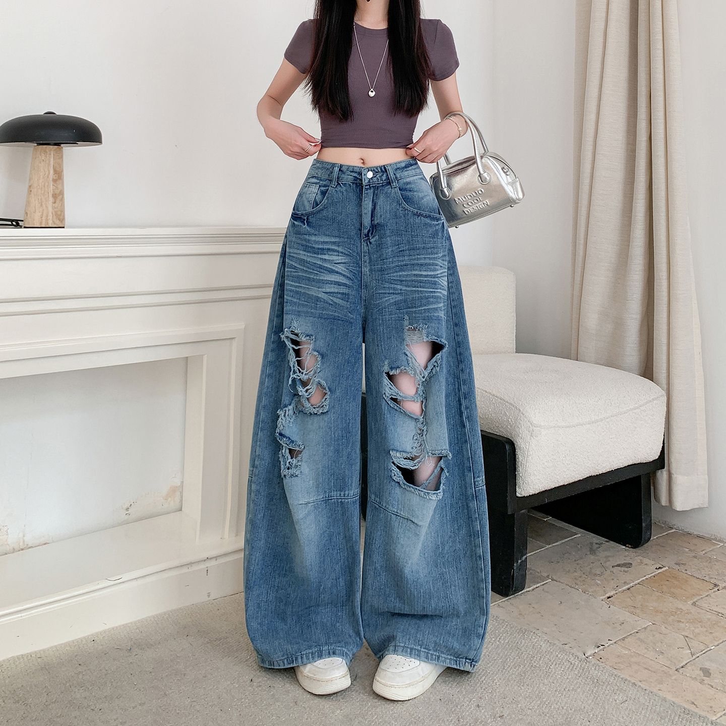 美式街头破洞阔腿拖地牛仔裤女