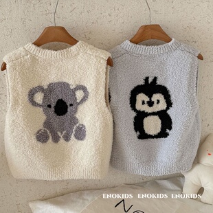 宝宝绒线丹麦风企鹅提花针织马甲90-130宝宝可爱考拉保暖背心外贸
