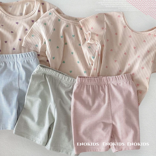 女童棉弹夏季可外穿家居服套装80-130宝宝韩系清新爱心印花短袖T