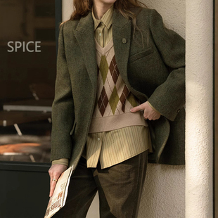 JK3972 外套女早春YZ 徕倩新款 复古人字纹绿色绵羊毛加厚呢子西装