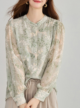新中式国风衬衫女高级感衬衣显白绿色薄纱印花上衣SH BL5132