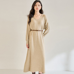 过膝针织连衣裙SH 新款 毛衣长款 套头直筒宽松大码 KT6170 V领打底衫