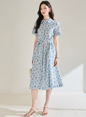 印花全棉蓝色连衣裙2025新款女装衬衫系带中长款高级感SH OP6511