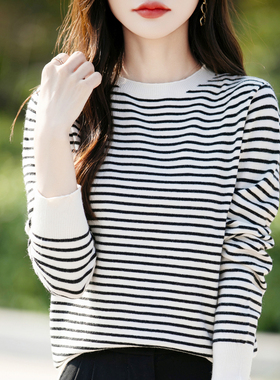 清新蓝色条纹套头毛衣慵懒风安迪绒针织衫秋季上衣新款 YU KT6055
