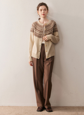 徕倩2025秋冬新款女圆领山羊绒开衫毛衣宽松提花针织 BM KT6205