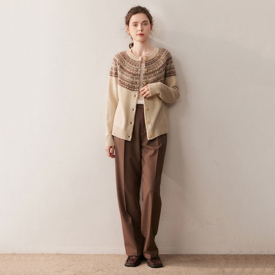 圆领山羊绒开衫毛衣宽松提花针织