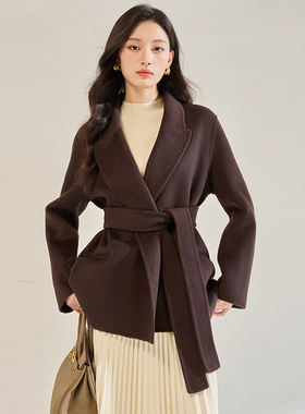 25秋冬新款纯手工双面呢羊毛外套女短款系带收腰大衣SH CO7000