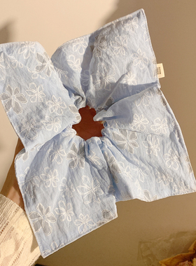 韩系简约蓝色花朵方巾大肠发圈女慵懒风气质头绳方形发饰超大扎头