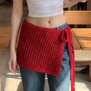 红色镂空设计感针织屁帘女韩系ins风高级感牛仔裤叠穿半身裙遮臀