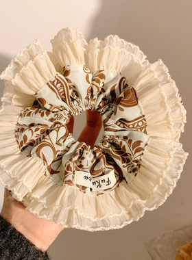 气质复古蓝色印花网纱边大肠发圈女高级感法式头绳发饰扎头发超大