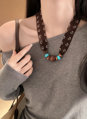 复古棕色腰果花串珠丝巾项链女高级感小众时尚百搭系脖配饰毛衣链