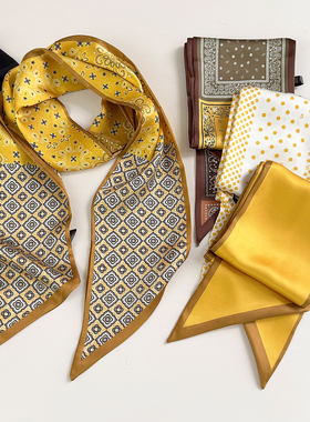 复古法式金色缎面印花长条丝巾女高级感气质系脖配饰围巾新款百搭