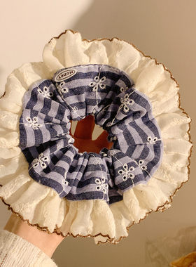 韩系复古蓝色条纹蕾丝大肠发圈女高级感气质头绳发饰超大扎头发