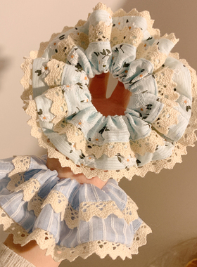 蓝色碎花条纹蕾丝大肠发圈女韩系高级感头饰发绳扎头发超大春夏季