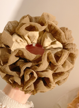 韩系咖色网纱褶皱花边大肠发圈女高级感气质复古发饰头绳扎头发