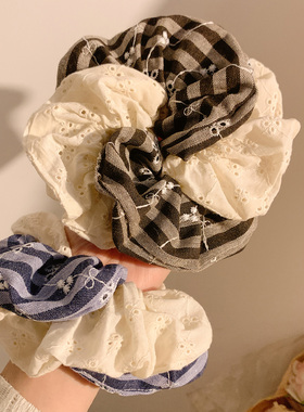 韩系复古灰色条纹蕾丝大肠发圈女慵懒风小众发饰头绳扎头发新款