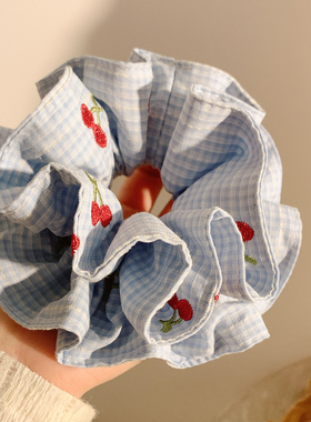 蓝色格子樱桃双层大肠发圈女高级感可爱小清新头饰发绳扎头发超大