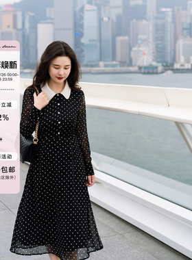 apipedream如一梦 黑色波点雪纺拼色领连衣裙/夜落波影