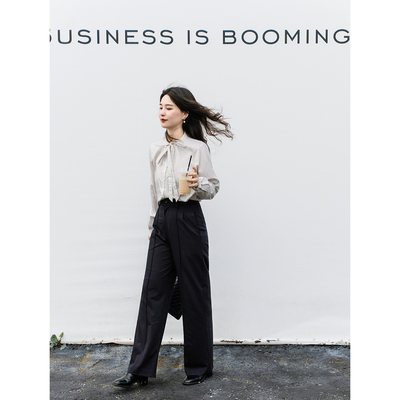 apipedream如一梦深藏青羊毛高腰斜纹宽松气质长裤TR裤/秋风夜行