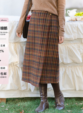 apipedream如一梦 全羊毛彩条格纹假围裹H型气质半身裙/落叶写诗