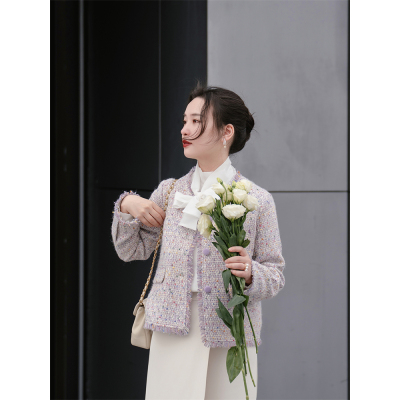 羊毛紫色粗花呢彩点小香风外套
