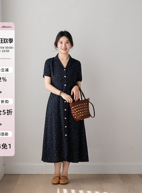 apipedream如一梦 黑色天丝人棉碎花衬衫领长款连衣裙/晚风倚阑
