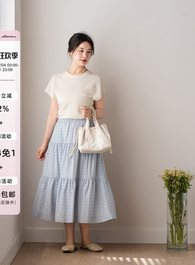 apipedream如一梦 蓝色波点人棉蛋糕裙长款百搭半身裙/海盐蓝雨