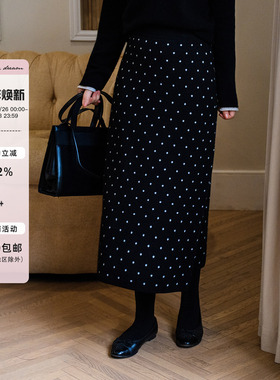 apipedream如一梦 绵羊毛小波点提花直筒高腰休闲半身裙/绵绵珠雨