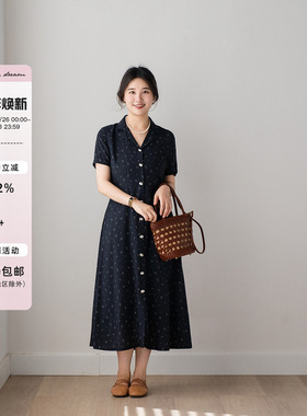 apipedream如一梦 黑色天丝人棉碎花衬衫领长款连衣裙/晚风倚阑