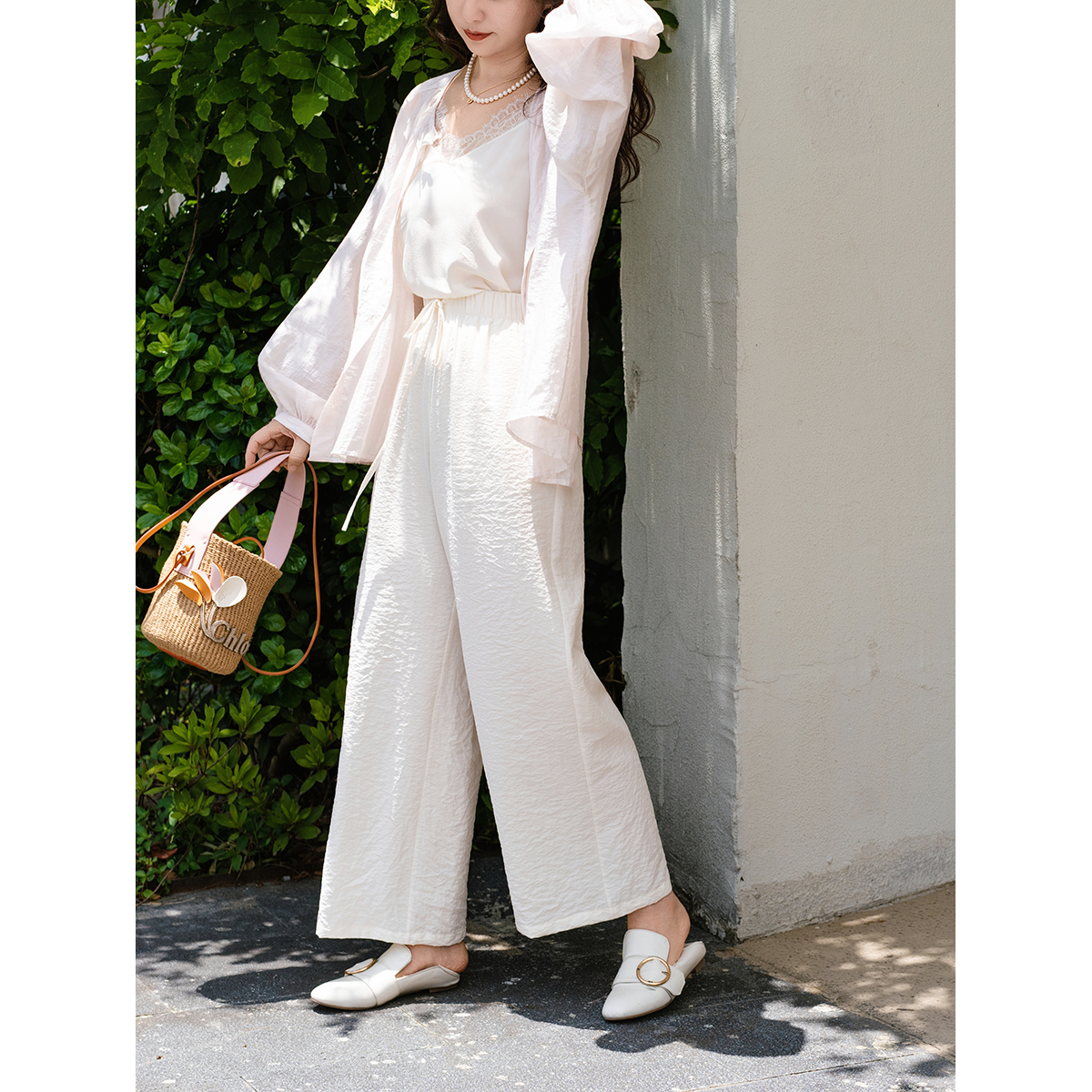 apipedream如一梦 干丝桑蚕丝抽绳肌理褶皱显瘦阔腿裤/行至云起