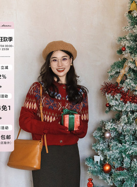 apipedream如一梦 费尔岛美利奴100%绵羊毛圣诞毛衣开衫/圣诞飘雪