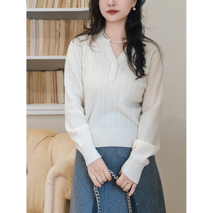 apipedream如一梦 编织记忆 绵羊毛绞花剪刀领亨利领针织套头衫