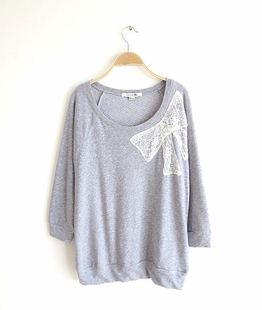 新款 春秋装 0329 蕾丝小毛圈宽松长袖 镶钻蝴蝶结女卫衣纯棉