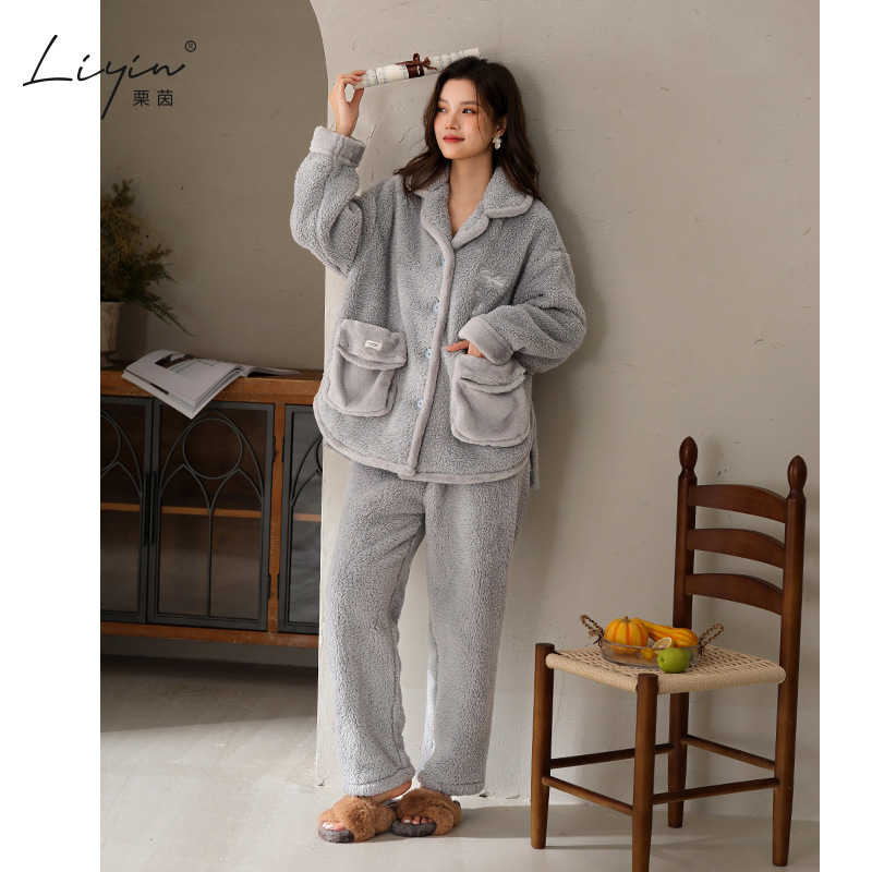 栗茵原创冬季舒棉绒韩系开衫女士睡衣保暖可外穿珊瑚绒家居服