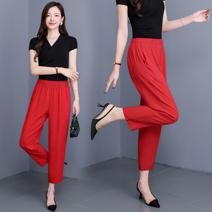 女士宽松直筒外穿裤 女松紧高腰睡裤 印花休闲棉绸九分裤 中老年夏季